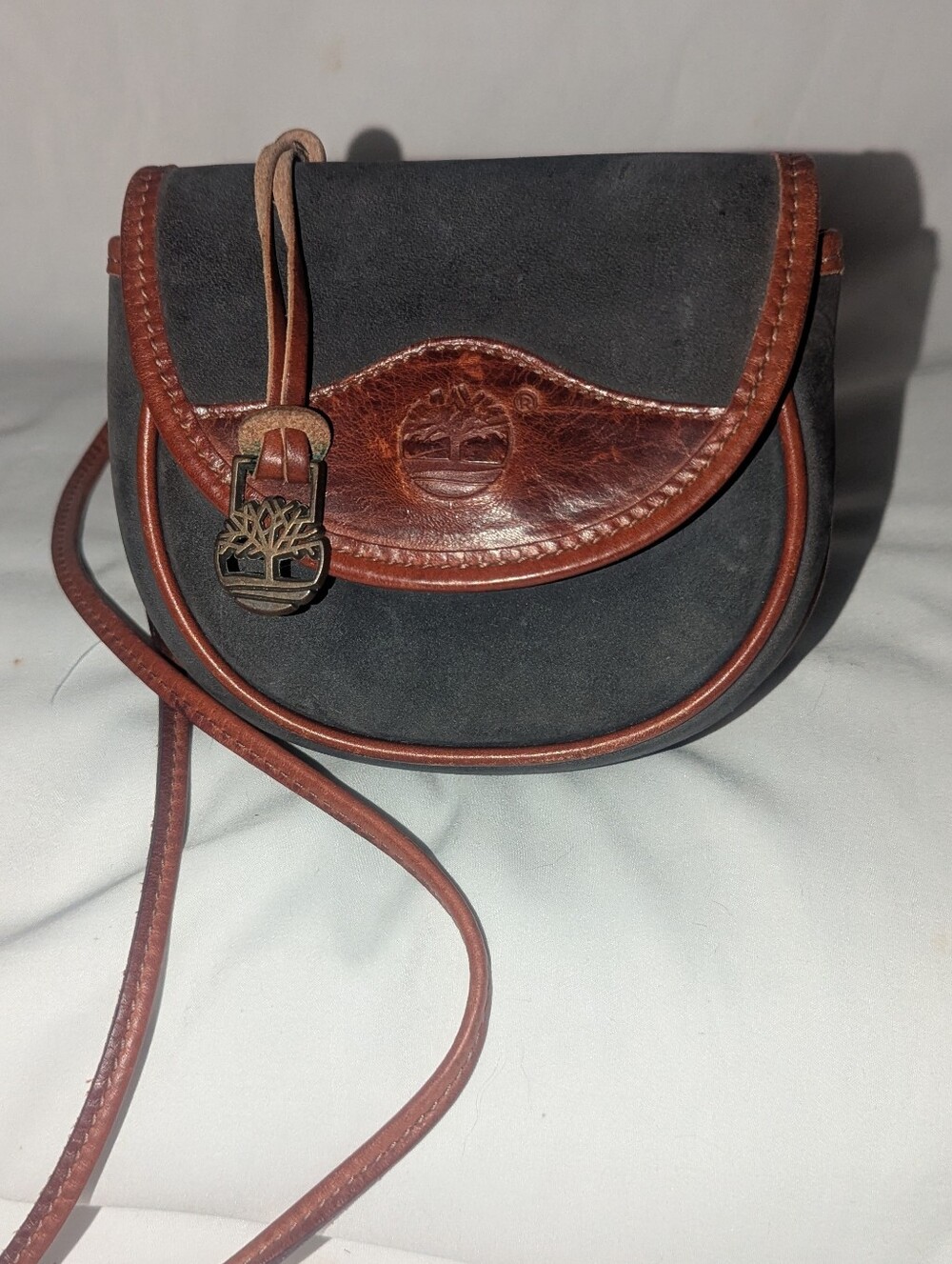 Timberland Charcoal and Brown Nubuck  Leather Saddle Crossbody  Bag. Made In USA